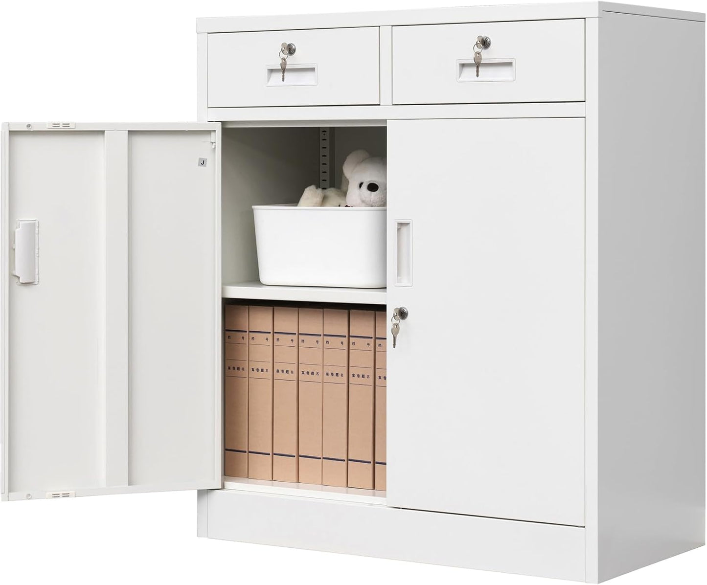 BESFUR Metal Storage Cabinet with Locking Doors and 2 Drawers, 36” Garage Cabinet for Classroom, Home and Office - White