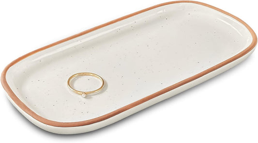 Mora Mini Ceramic Decorative Tray, 6.4 x 3.2 Inch Palm Sized Rectangle Dish for Jewelry, Perfume, Makeup, Accessories, Candle, Cute Organizer for Bathroom Vanity, Bedside, or Kitchen Counter, White