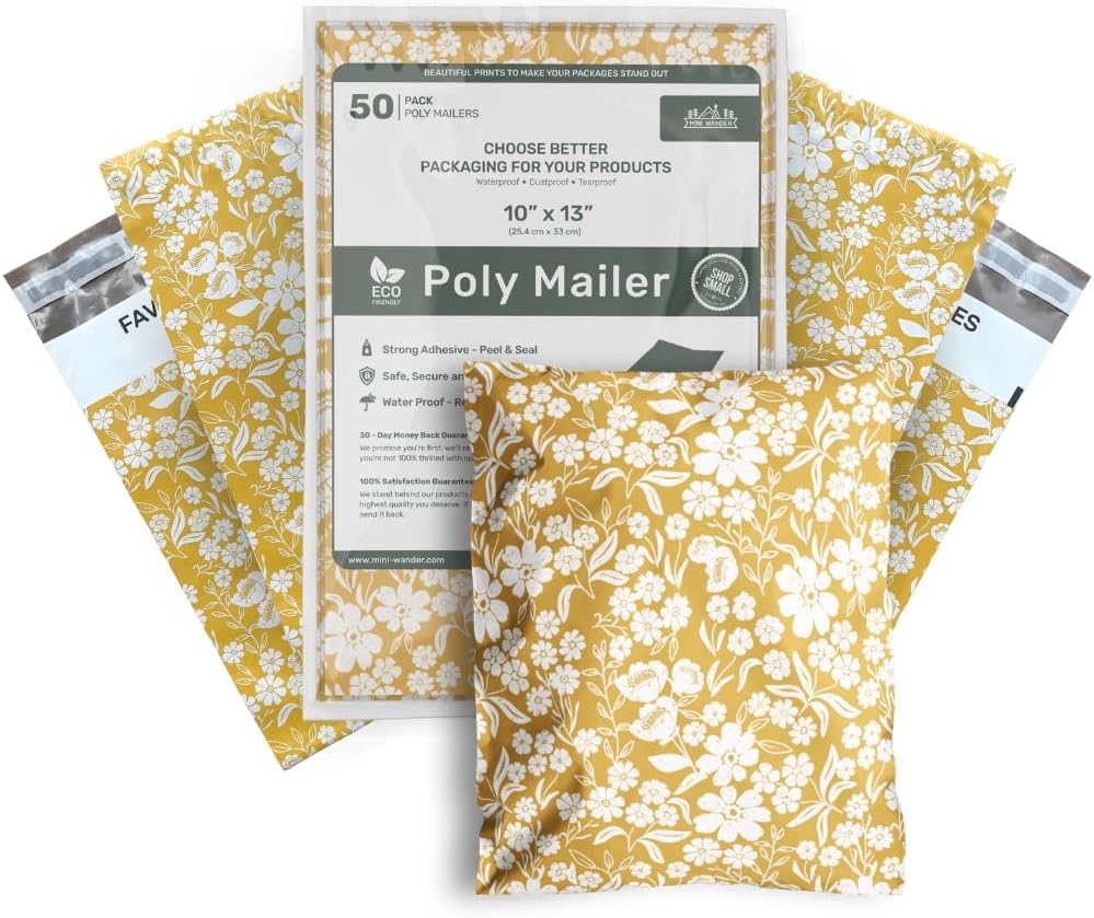 Poly Mailers 10x13 Inch 50 Pack Medium Shipping Bags Strong Thick Mailing Envelopes | Self Sealing Adhesive | Waterproof & Tear Proof | Small Business Packaging for Clothing - Floral Mustard Yellow