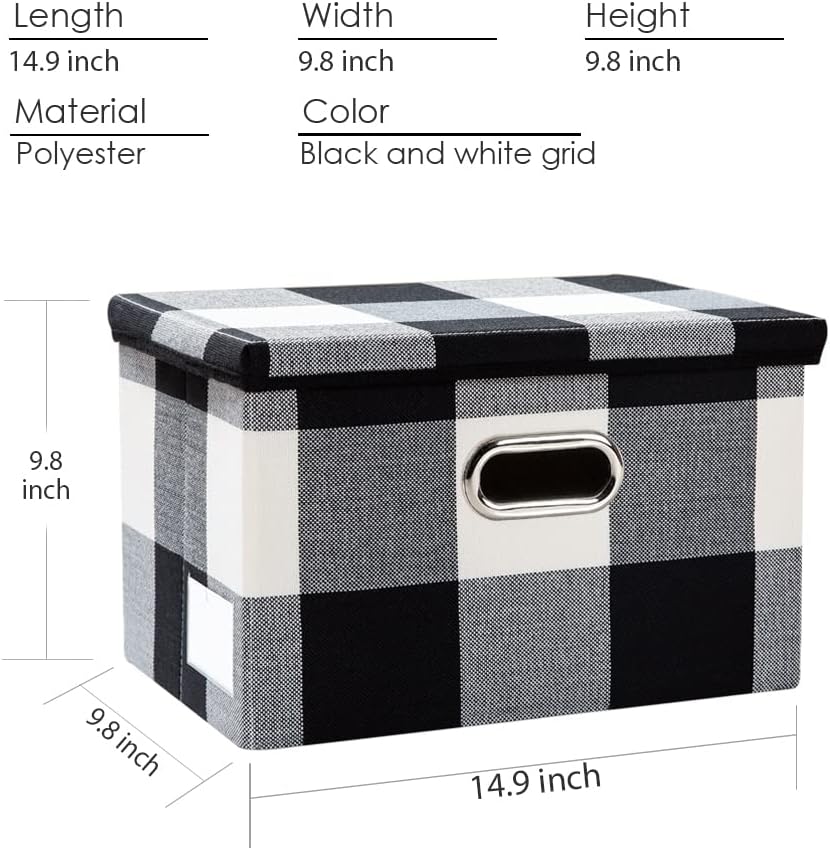 PRANDOM Collapsible Storage Bin with Lid [3-Pack] Fabric Foldable Storage Box Organizer Container Basket Cube with Cover for Home Bedroom Closet Office Nursery Black and White Grid(14.9x9.8x9.8)