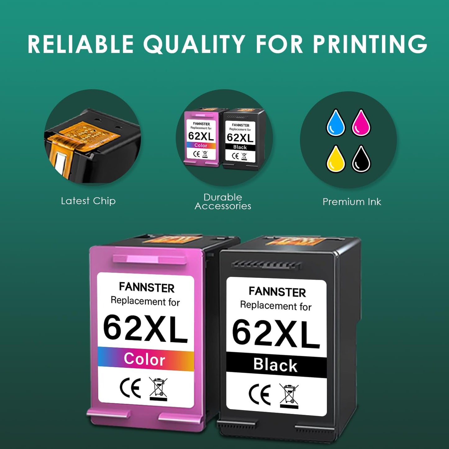 62XL 62 XL Ink Cartridges Black and Color for 62 Ink Cartridge Combo Pack Works with Envy 7640 5660 5540 7645 5661 for OfficeJet Mobile 250 200 258 for OfficeJet 5740 5745 8040 Printer(2-Pack)