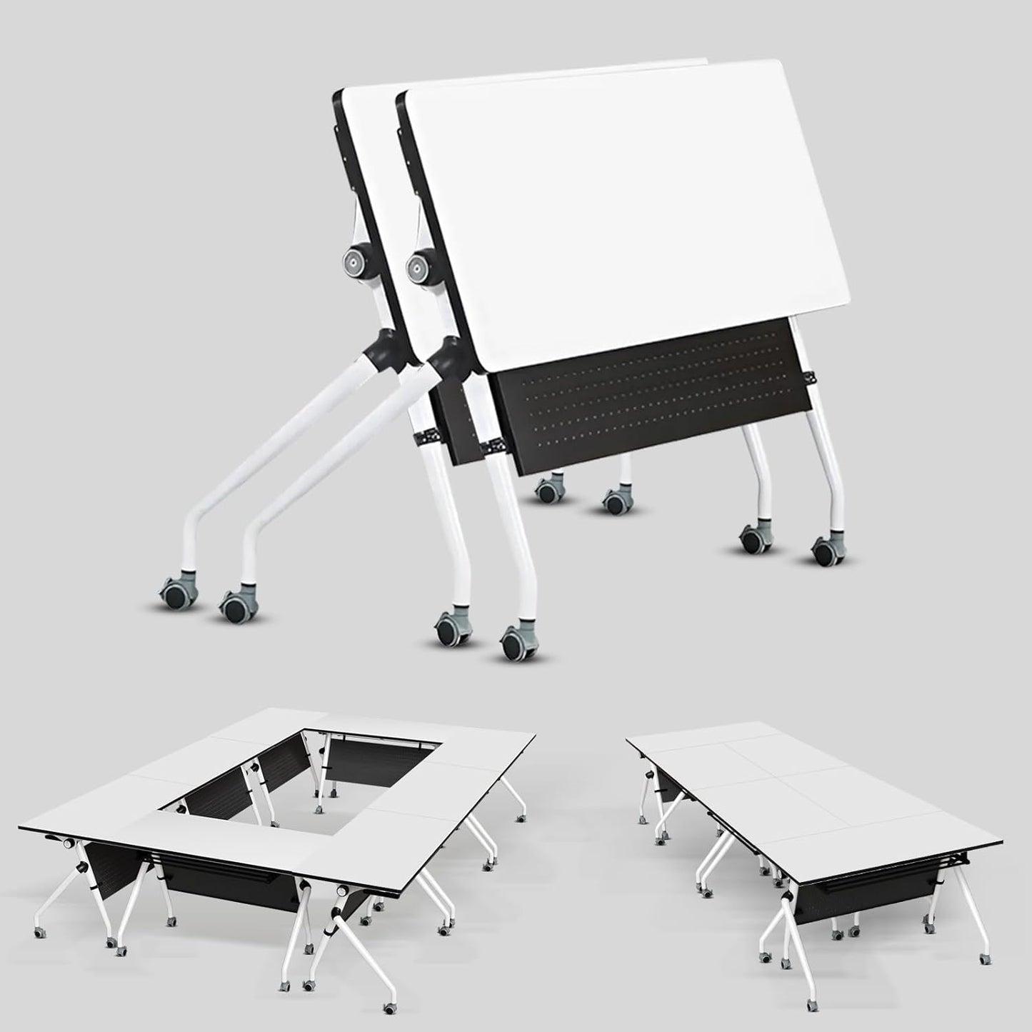 Conference Table, Folding Conference Room Tables, Mobile Training Tables with Silent Wheels, Large Rectangular Modular Seminar Table Office Computer Desks for Classroom White (2Pack L70.9in)