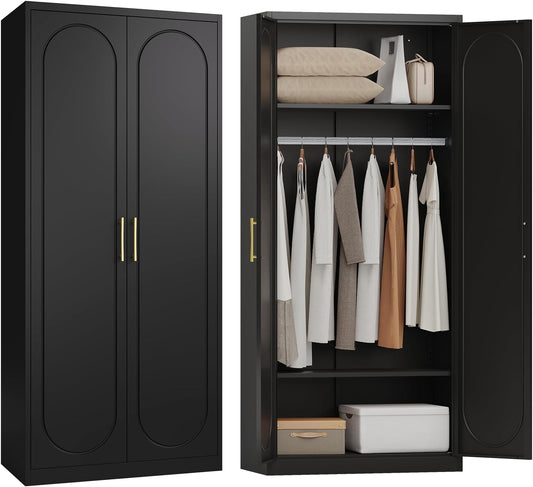 Metal Armoire Wardrobe Closet with Doors and Shelves, 71" Tall Wardrobe Closet with Hanging Rod, Freestanding Clothes Cabinets, Large Wardrobes for Bedroom, Black, Assembly Required