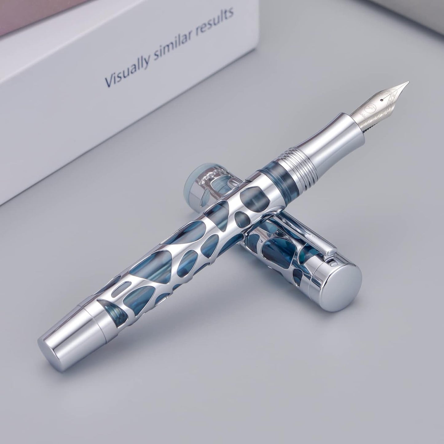Asvine V169 Vacuum Filling Fountain Pen Extra Fine Nib, Water Drop Skeleton Transparent Gray Blue Acrylic Pen Case Set