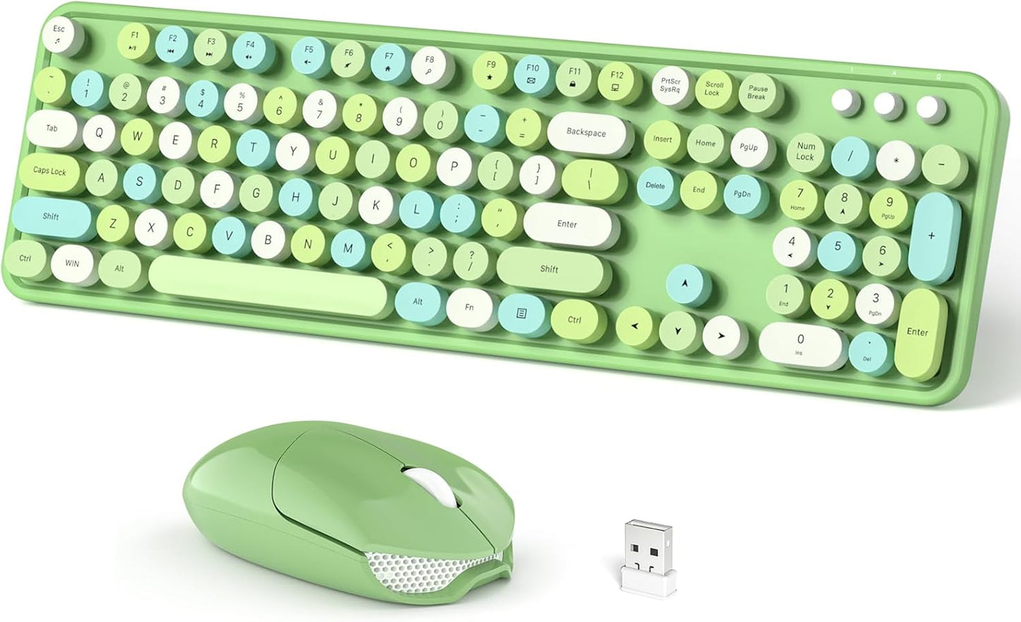 Wireless Keyboard and Mouse Combo, 104 Keys Full-Sized 2.4 GHz Round Keycap Colorful Keyboards, USB Receiver Plug and Play, for Windows, PC, Laptop, Desktop (Green Colorful)