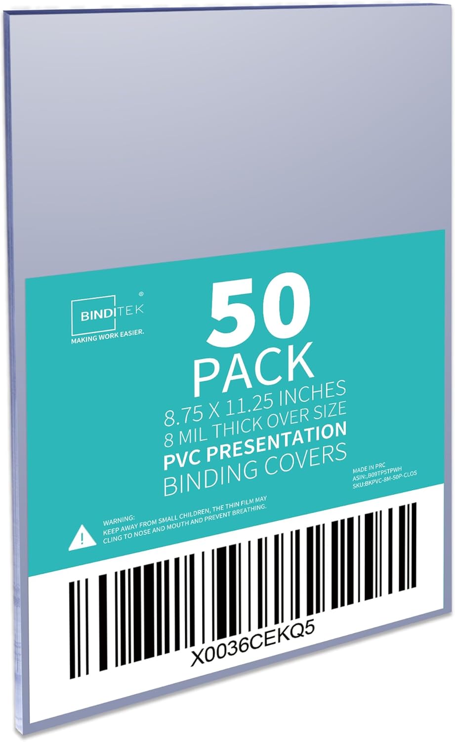 Binditek 50 Pack 8 Mil Clear PVC Binding Presentation Covers, Oversize, 8.75x11.25 Inches, Square Corner, Unpunched, Office School Supplies