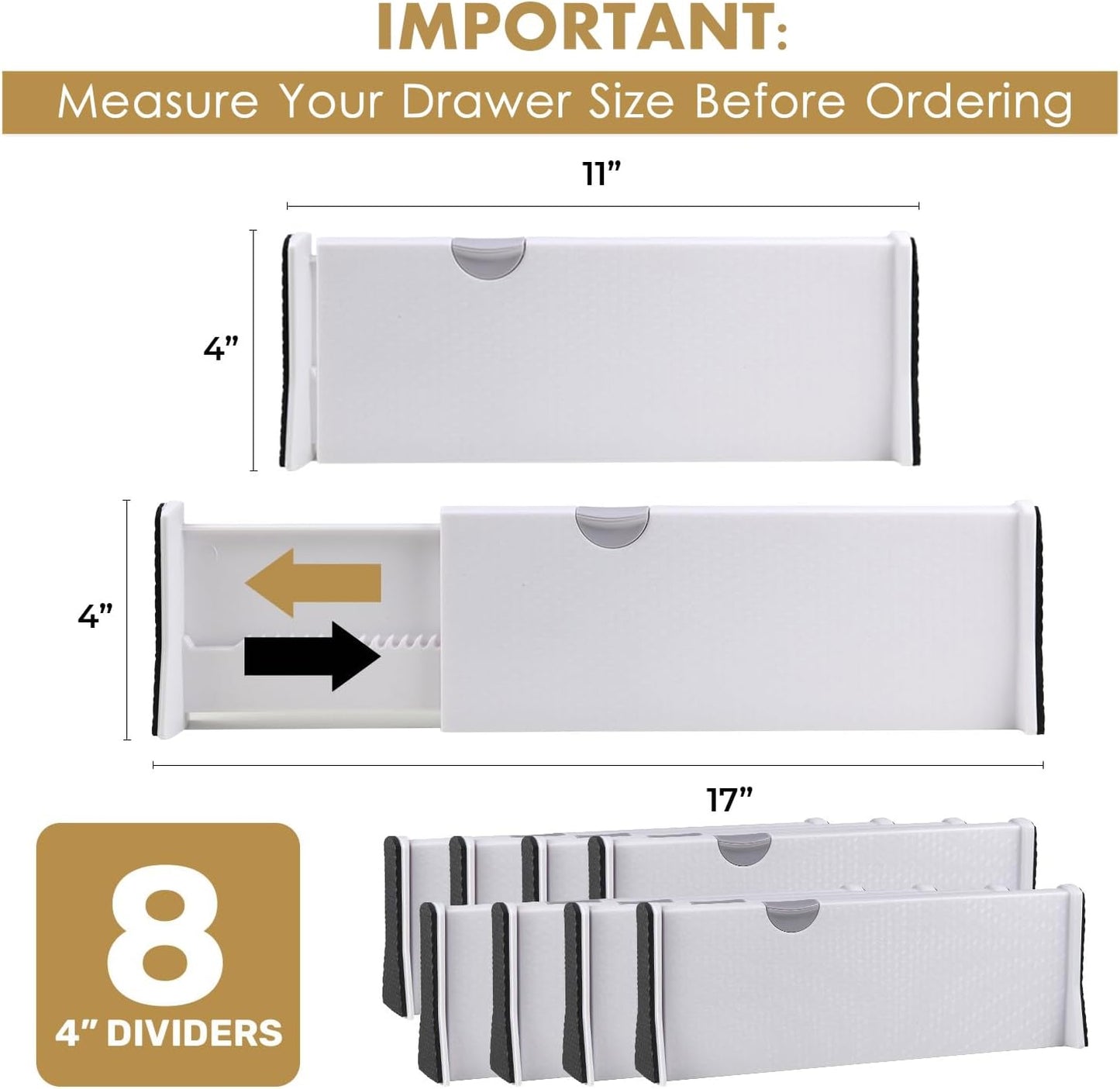 RAPTUROUS 4" Tall Drawer Dividers, 8-Pack, 11-17" Long, Expandable & Adjustable, Strong & Sturdy Non-Slip Dividers for Dresser, Closet, Kitchen, Nursery, and Office (White)