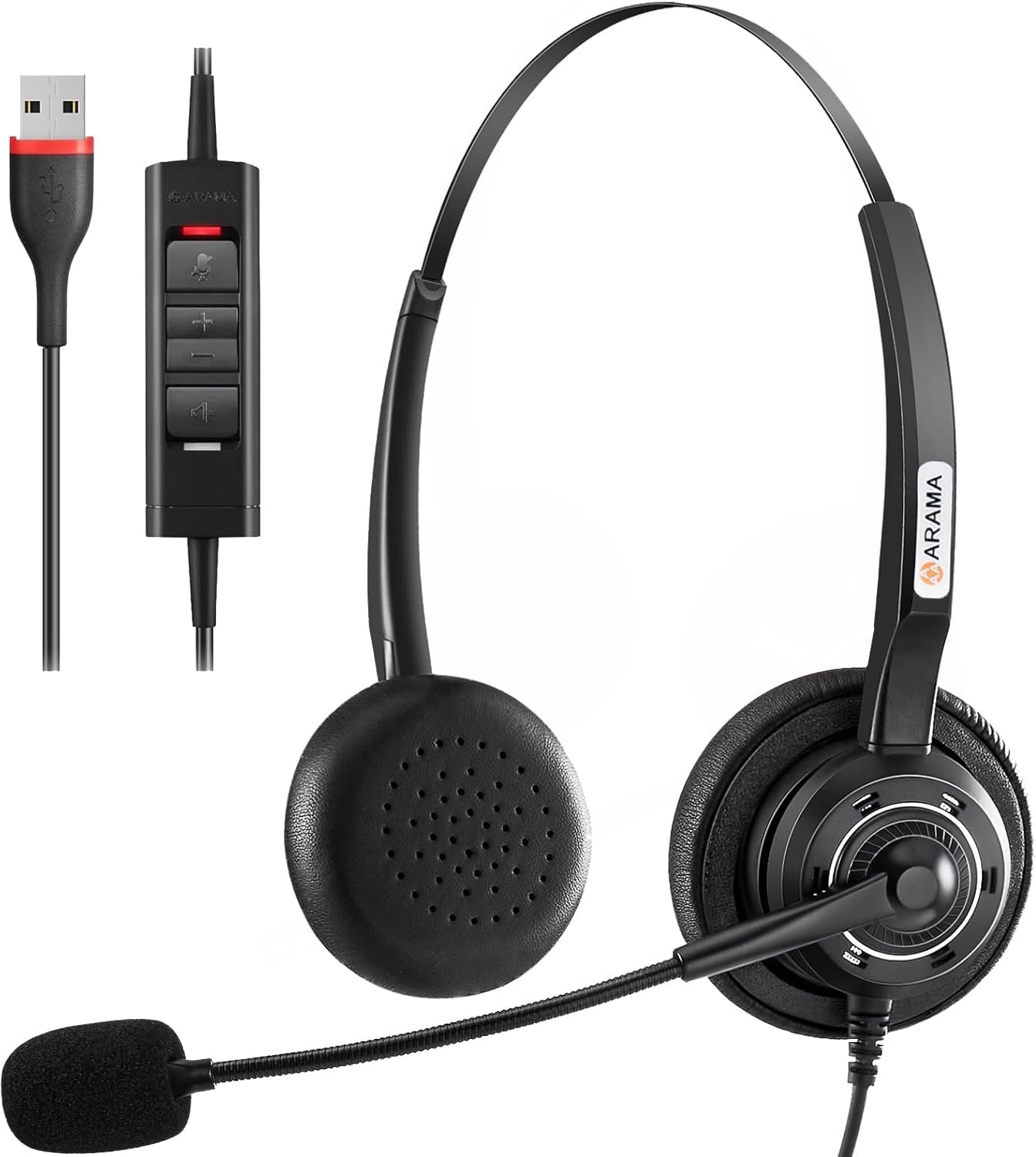 Arama USB Headset with Microphone for PC Laptop, On-Ear Wired Computer Headset with Noise Cancelling Mic & in-line Control for Home Office Call Center Online Class Skype Zoom（A202USB）