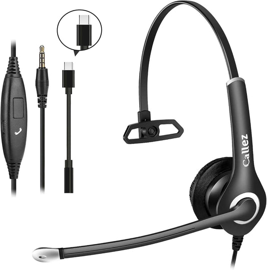 Callez Wired Computer Headset, 3.5mm/USB-C Headset with Mic Noise Cancelling, Cell Phone Headphone for PC Laptop Mac iPhone Samsung Zoom Teams Call Center Home Office Work, in-line Controls
