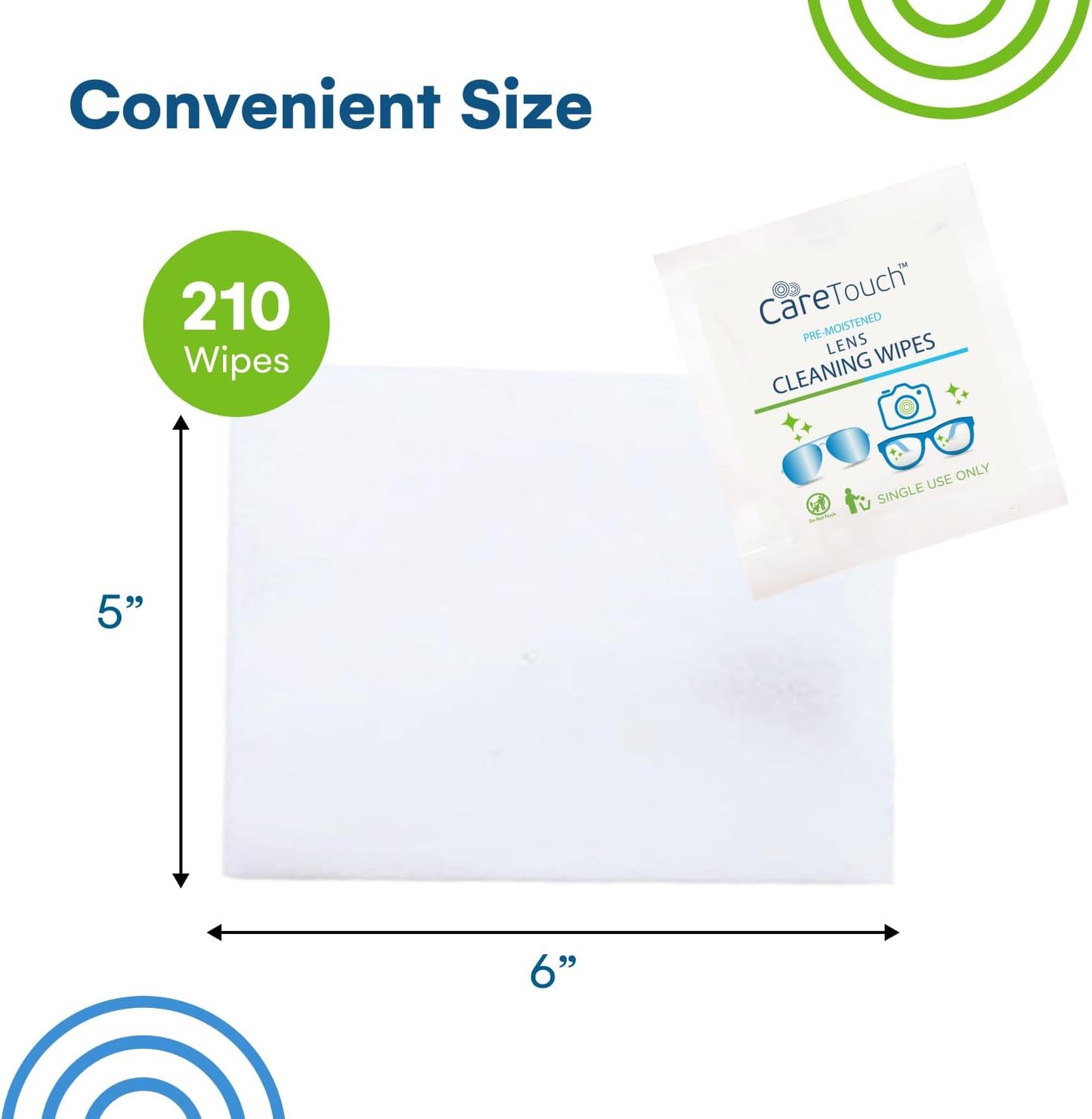 Care Touch Lens Wipes for Eyeglasses- 210 Count Individually Wrapped Pre- Moistened Wipes, 5 x 6 Inch- Camera Lens, Sunglasses and Glasses Cleaner,- Gentle and Portable for Cleaning of Optical Devices