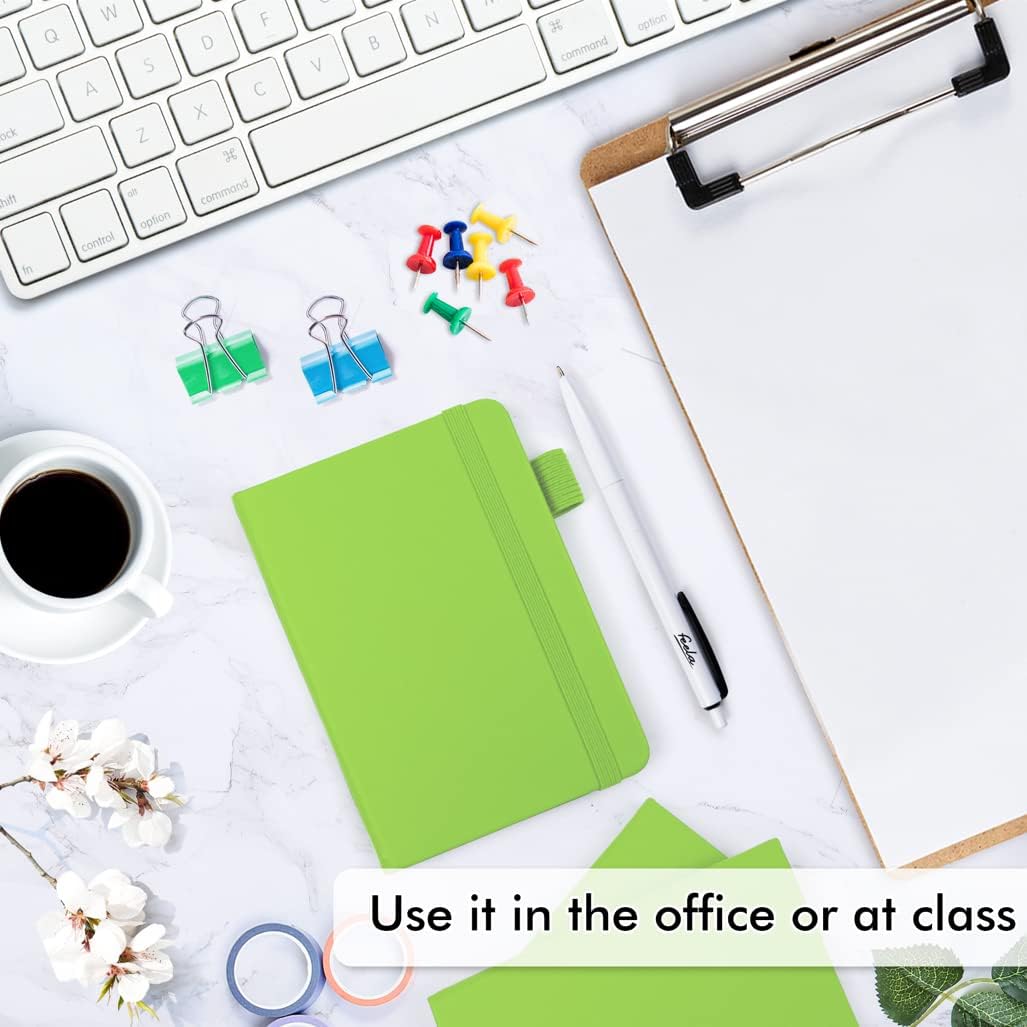 feela 6 Pack Pocket Small Notebooks Bulk, Mini Cute Memo Notepads Hardcover College Ruled Lined Journals with Pen Holder for Women Girls Office School, with 6 Black Pens, 3.5”x 5.5”, A6, Green