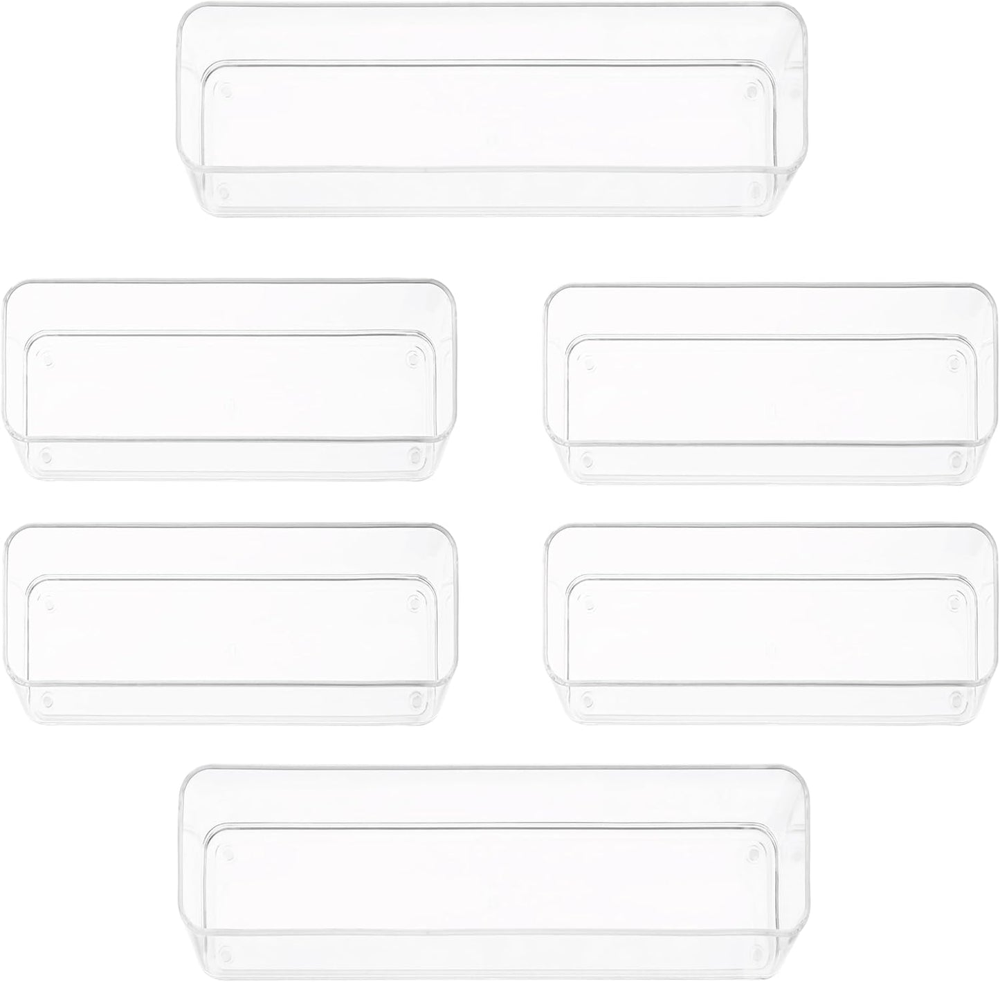 Six Pcs. Plastic Clear Drawer Organizers. Stackable Storage Trays for Kitchen Utensils and Silverware. 2 Sizes. Stackable