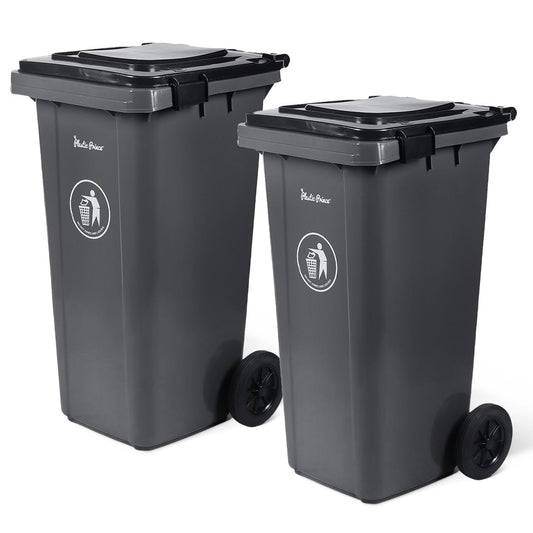 32 Gallon Trash Can with Wheels Outdoor Garbage Can with Lid and Wheels Locking Trash Can Commercial Heavy-Duty Trash Bin Rolling, Plastic 2 Pack
