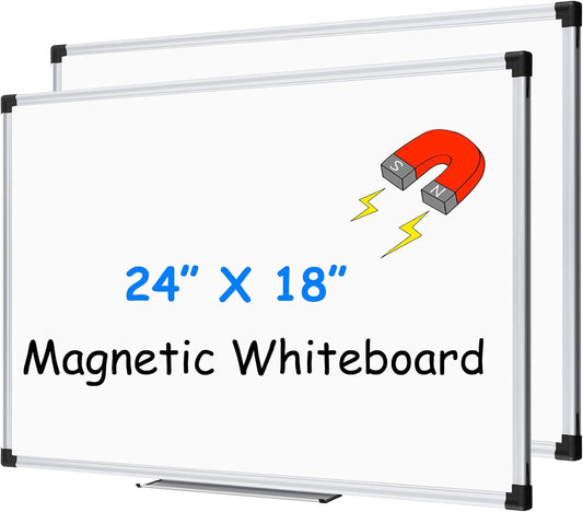 XBoard Magnetic Dry Erase Whiteboard 24 x 18 Inch, Small Hanging White Board for Wall with Marker Tray | Silver Aluminum Frame Presentation Board for Home Office Classroom (Pack of 2)