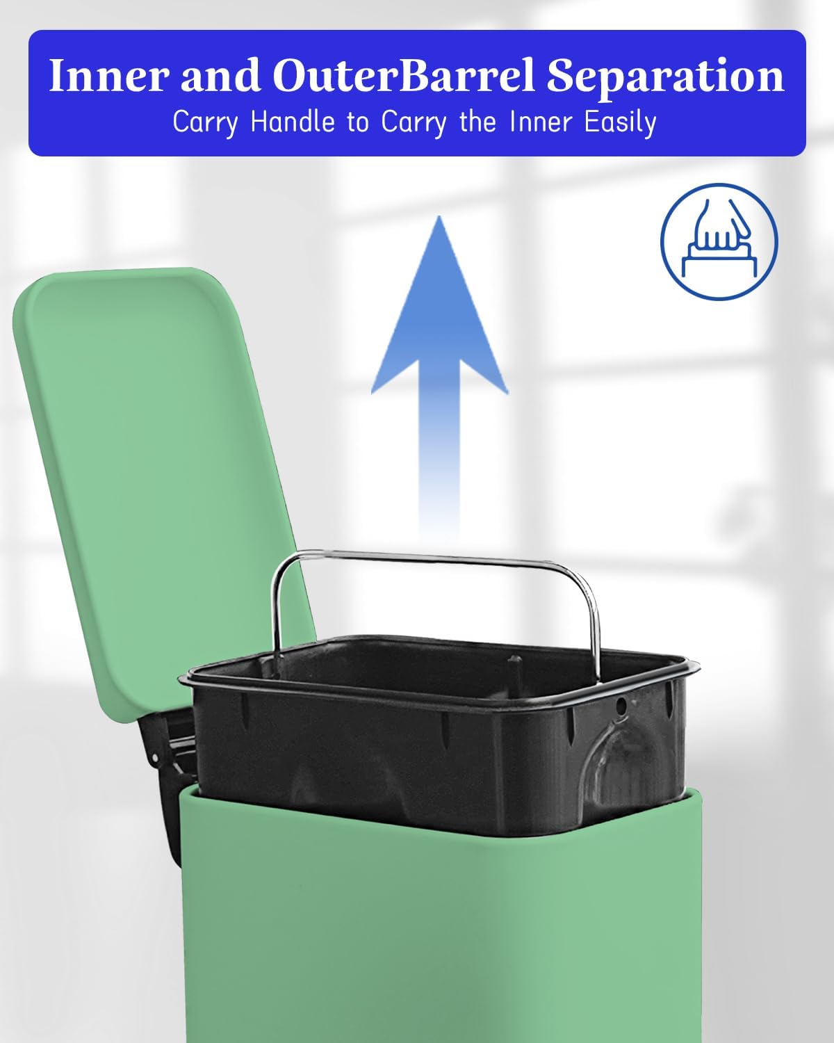 Bathroom Trash Can with Lid，5 Liter / 1.3 Gallon Small Trash Can with Removable Liner Bucket, Soft Close lid & Step Pedal, Stainless Steel Trash Bin for Bathroom,Bedroom,Home Office, Green