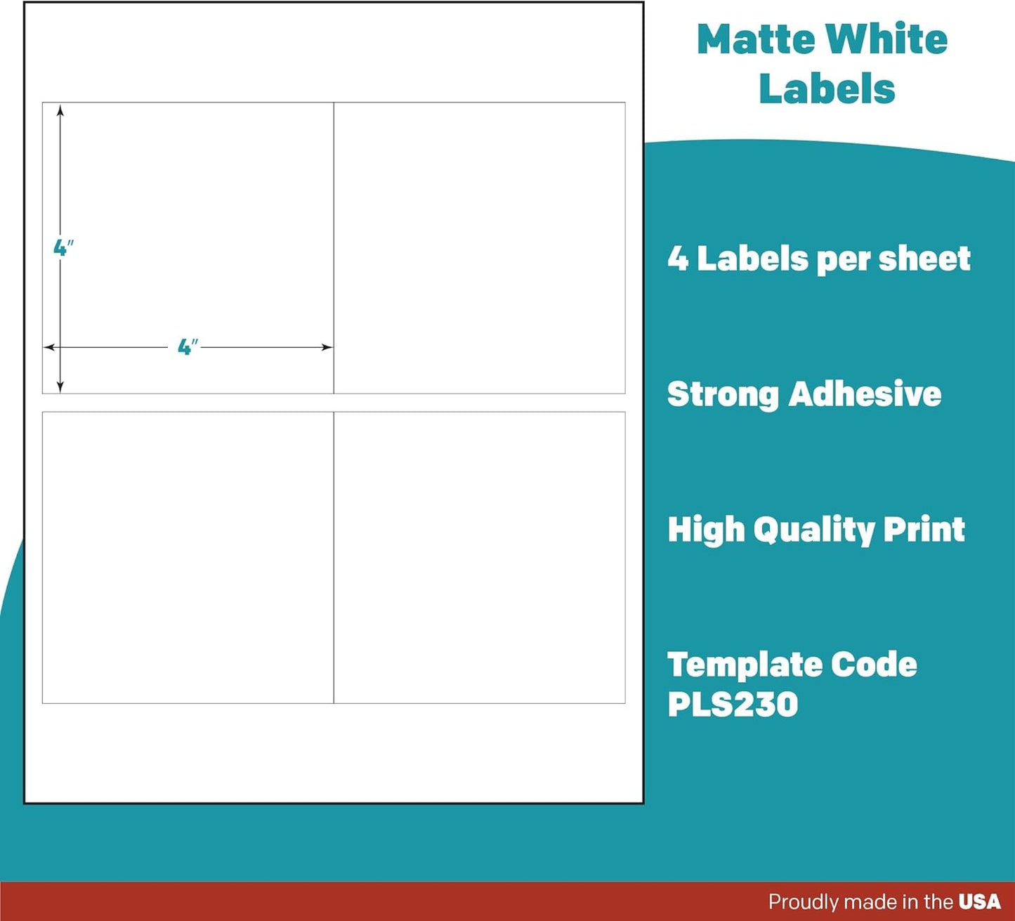 Premium Label Supply White Sticker Square Labels – 4" x 4" – Laser/Inkjet Compatible – (4 per Sheet), 25 Sheets - 100 Total Adhesive Labels