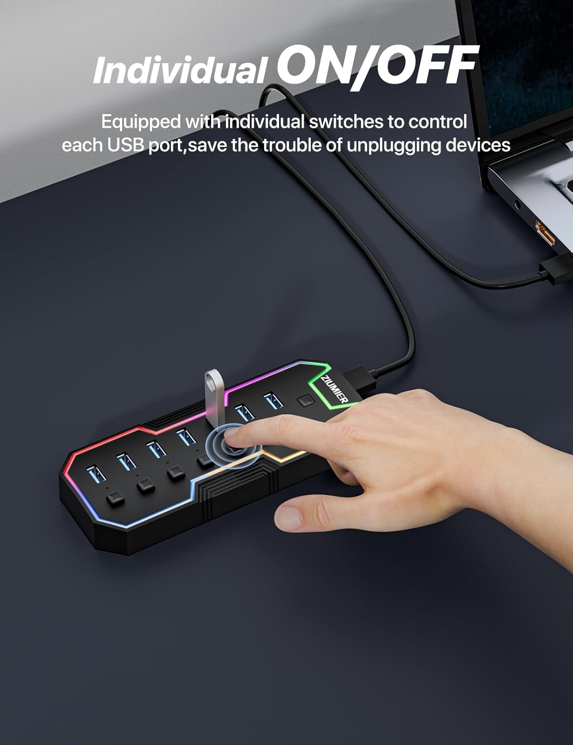 ZIUMIER USB 3.0 Hub,7 Ports USB Expander with RGB LED Strip for MacBook, Mac Pro, Mac mini, iMac, Surface Pro, XPS, PC, Flash Drive, Mobile HDD