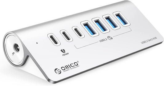 ORICO 7 Port USB Hub 10Gbps, Aluminum USB 3.2 Gen 2 Hub, 6 USB 3.2 Data Ports, PD 60W Ports, 1.64Ft C to C Cable, USB Data Hub for Laptop