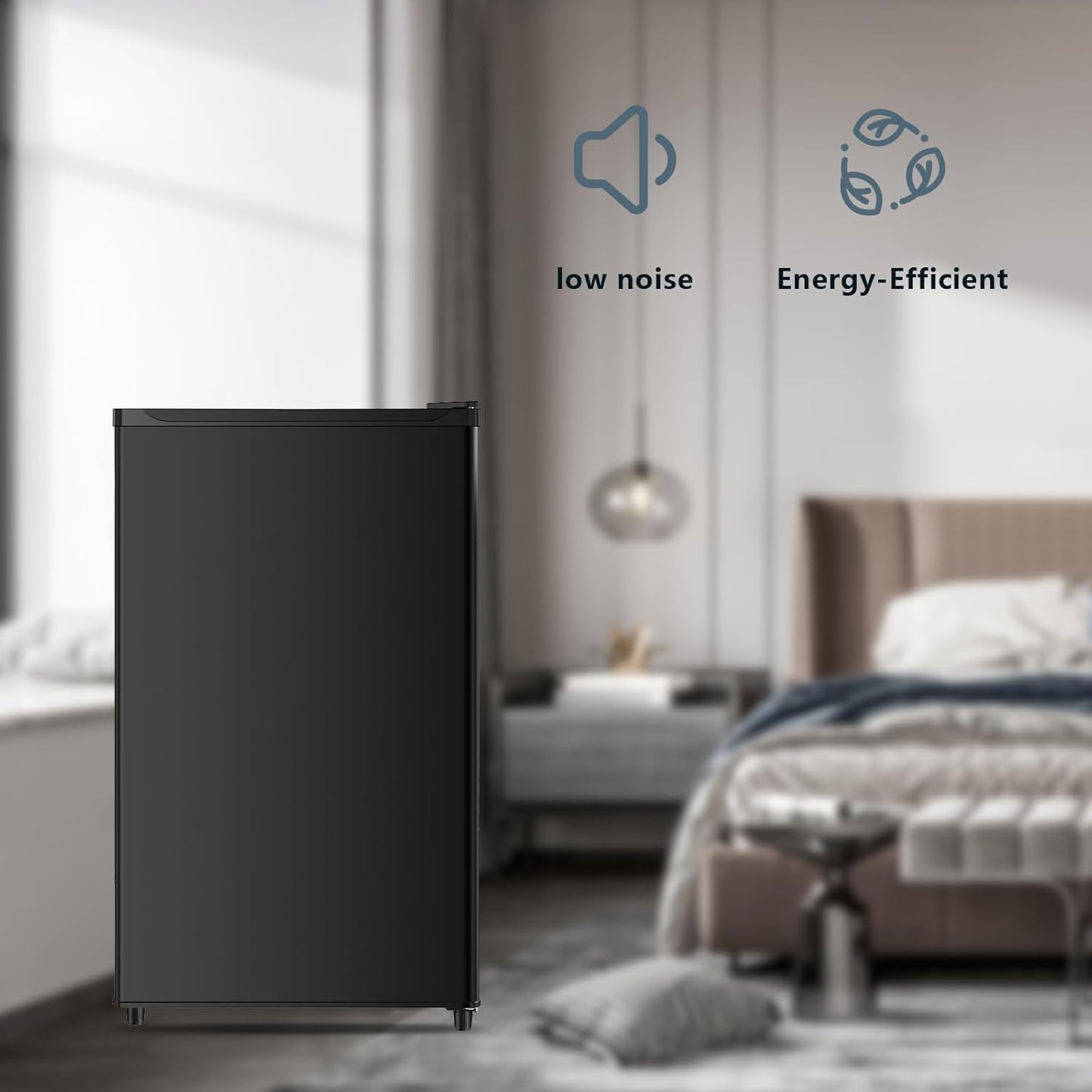 Seaoola Mini Fridge with Freezer, Single Door 4.4 Cu.Ft, Compact Mini Refrigerator, LED Light, Adjustable Thermostat, Removable Glass Shelves, Small Refrigerator for Dorm/Office/Bedroom(Black)