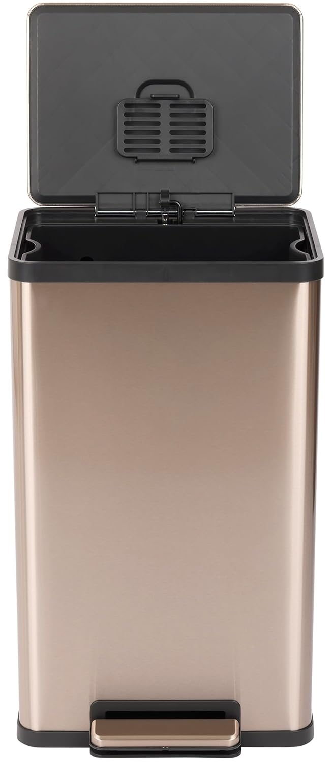 Simpli-Magic 13.2 Gallon (50L) Step Trash Can – Kitchen Garbage Can with Slow-Close Lid – Odor Control, Hands-Free, Easy to Clean, Brushed Stainless Steel (Rose Gold)