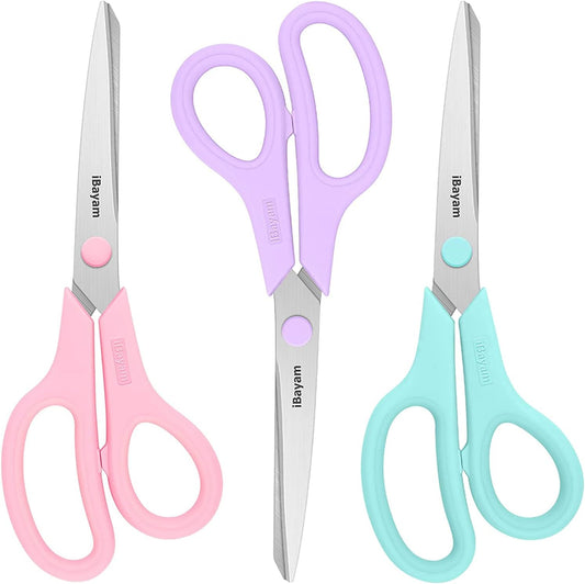 Scissors, iBayam 8" All Purpose Scissors Bulk 3-Pack, Ultra Sharp 2.5mm Thick Blade Shears Comfort-Grip for Office Desk Accessories Sewing Fabric Home Craft School Supplies, Right/Left Handed