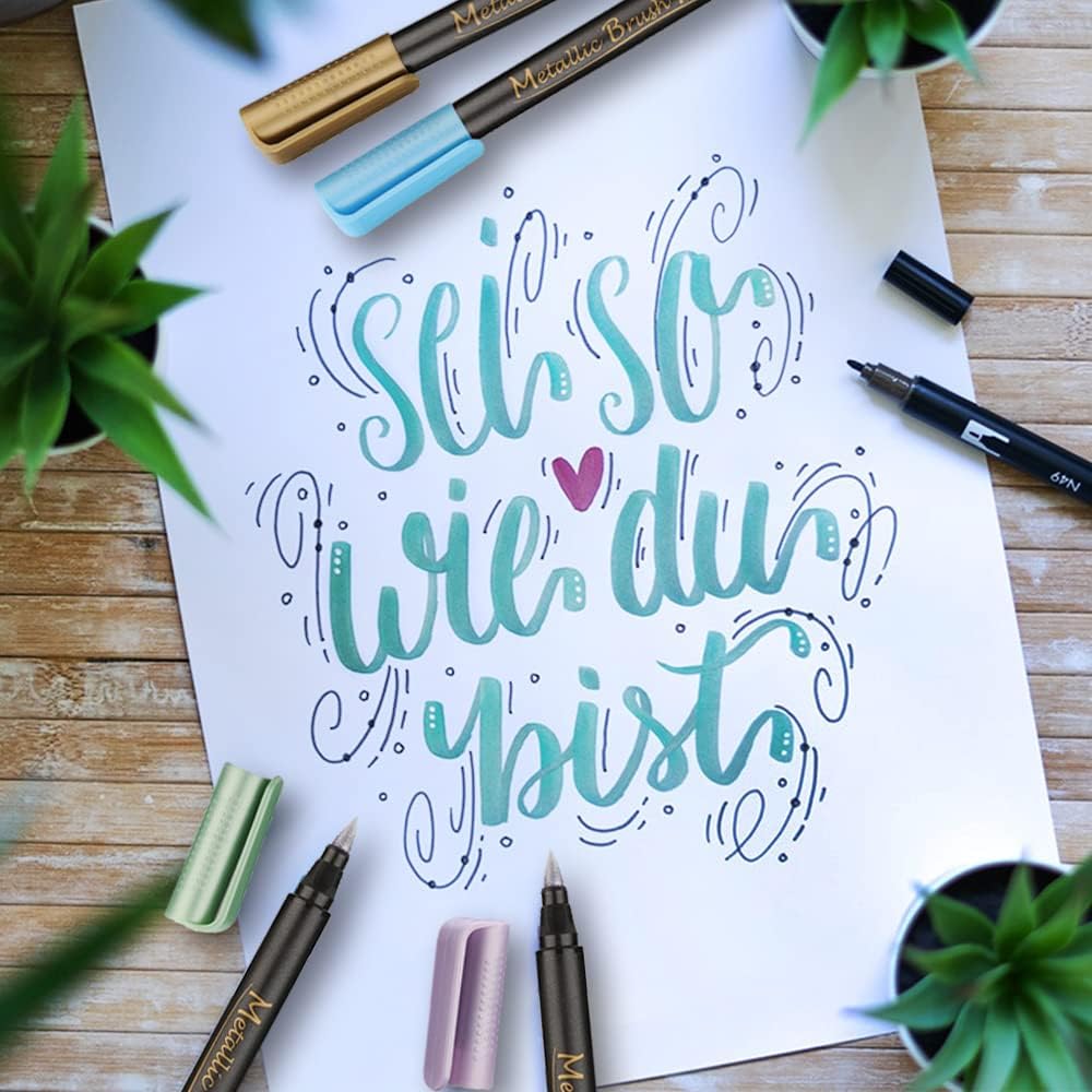 Dyvicl Metallic Brush Marker Pens - Metallic Pens Art Markers for Calligraphy, Brush Lettering, Black Paper, Rock Painting, Card Making, Scrapbooking, Fabric, Metal, Ceramic, Wine Glass, Set of 9