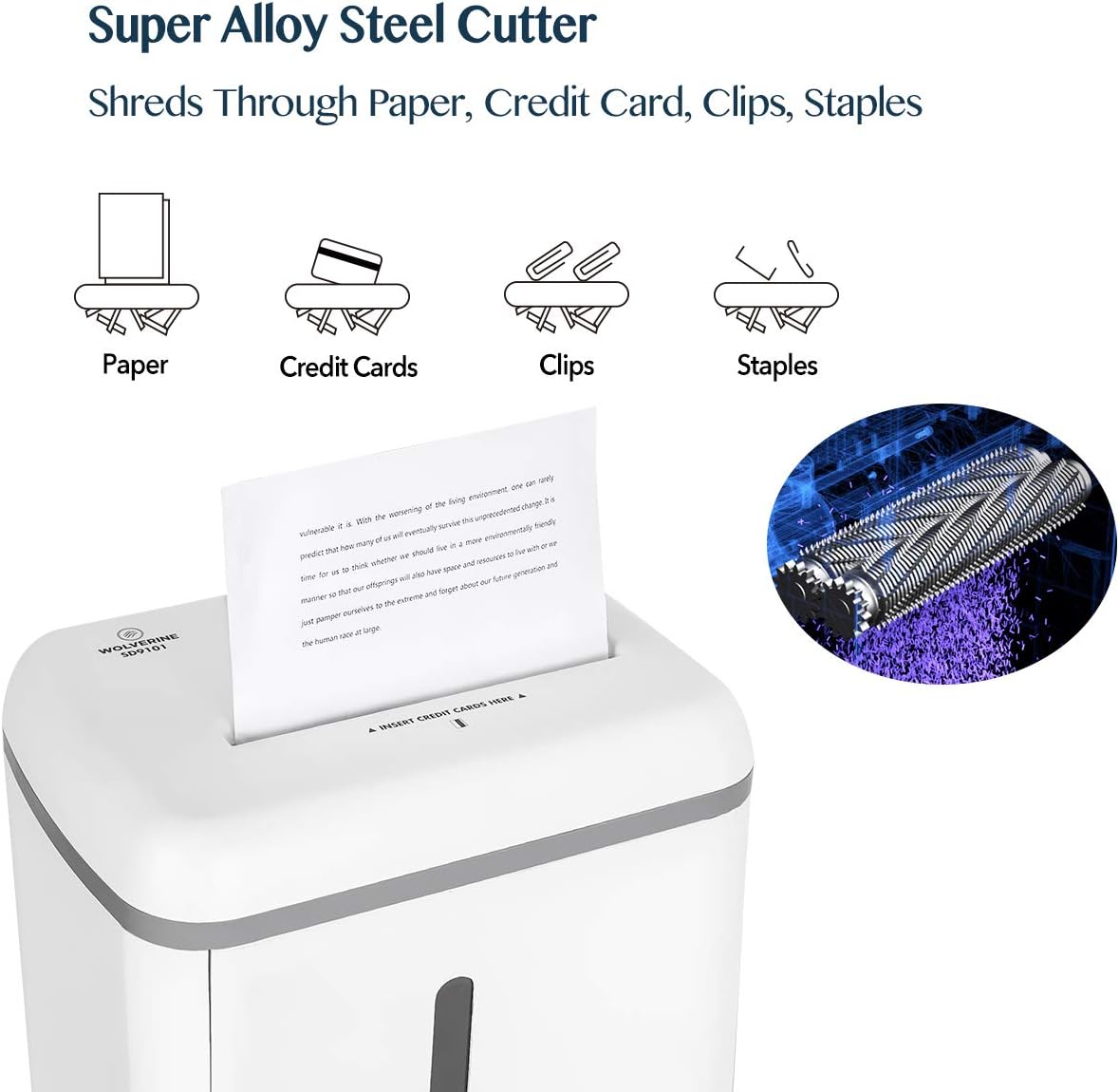 WOLVERINE 8-Sheet Super Micro Cut High Security Level P-5 Ultra Quiet Paper/Credit Card Home Office Shredder with 4.5 gallons Pullout Waste Bin SD9101 (White)