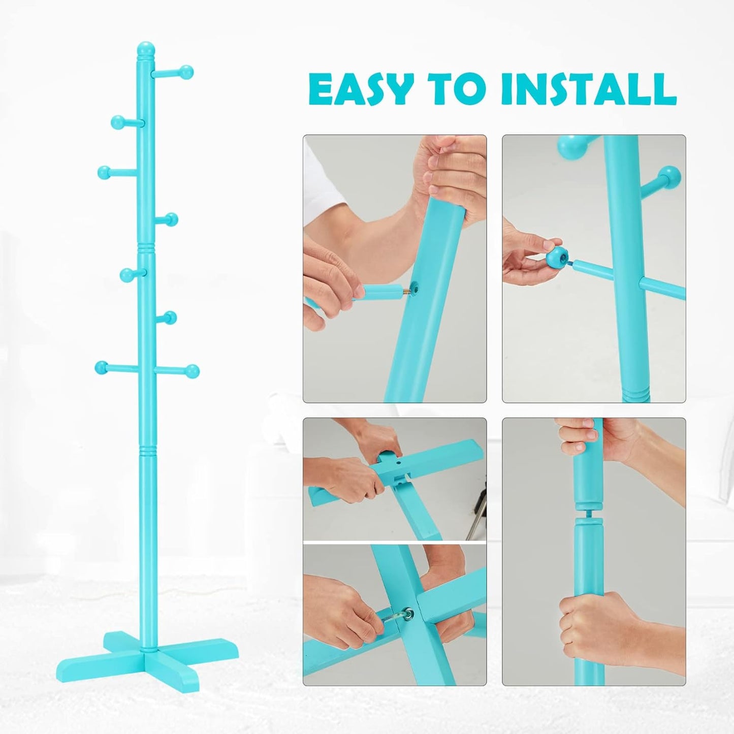 Kids Coat Rack, Freestanding Coat Racks with 8 Hooks 2 Adjustable Height, Tree Coat Rack for Bedroom, Hallway, Entrance, Office, Hats, Handbags,Purse (Blue)