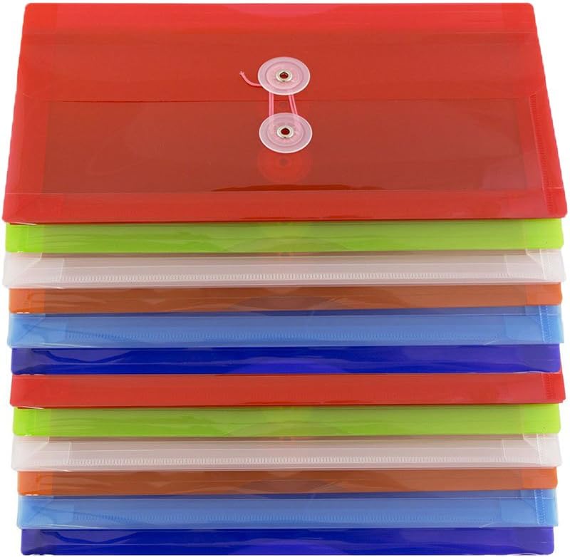 JAM PAPER Plastic Envelopes with Button & String Tie Closure - #10 Business Booklet - 5 1/4 x 10 - Assorted Colors - 12/Pack