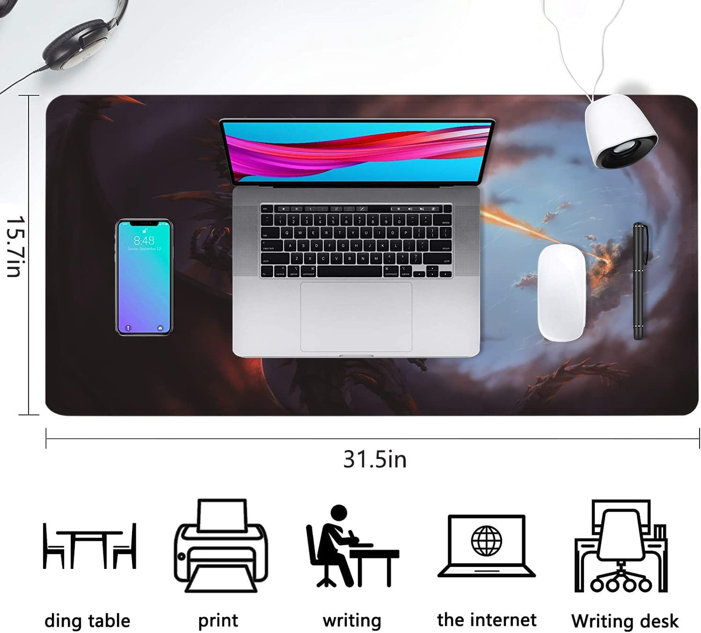 Extended Large Gaming Mouse Pad Cool Dragon Flame XXL Size Keyboard Mouse Mat Desk Pad with Non Slip Rubber Base Stitched Edges Office Decor for Women Girls Men,35.4 x 15.7inch