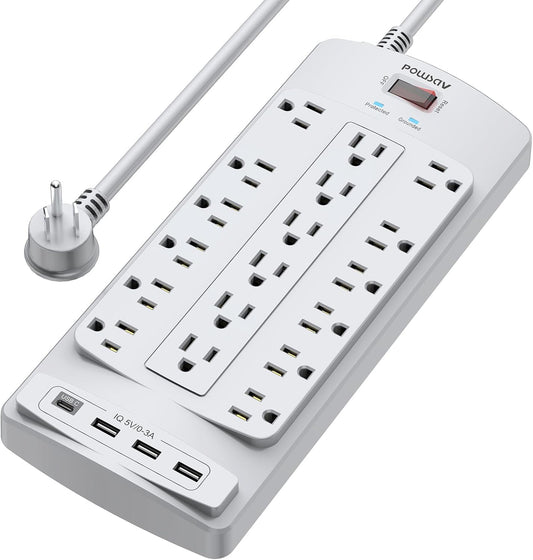 18 Outlets Surge Protector Power Strip - 6 Feet Flat Plug Heavy Duty Extension Cord with 18 Widely Outlets and 4 USB Ports, 2100 Joules, Grey, ETL Listed