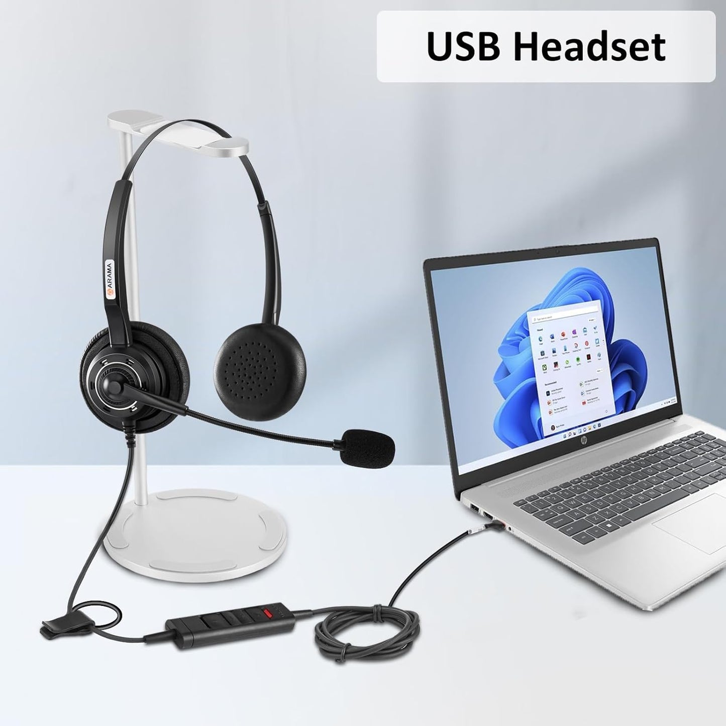 Arama USB Headset with Microphone for PC Laptop, On-Ear Wired Computer Headset with Noise Cancelling Mic & in-line Control for Home Office Call Center Online Class Skype Zoom（A202USB）