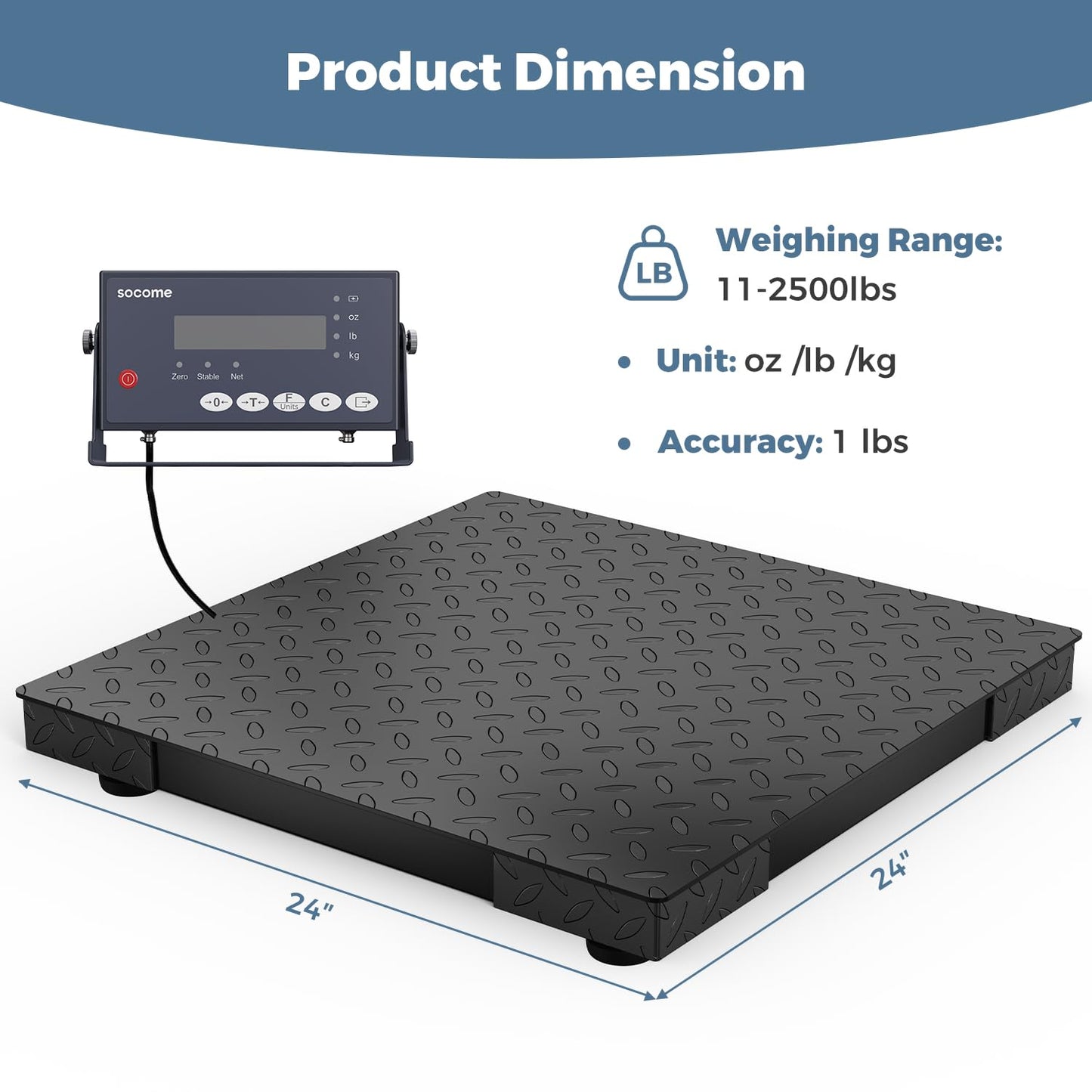24"x24" Industrial Floor Scale, Precision Pallet Scale with Digital Indicator, Heavy Duty Weighing Scale for Floor Bench Office Weight Weighing, 2500 lb x 1 lb, Black
