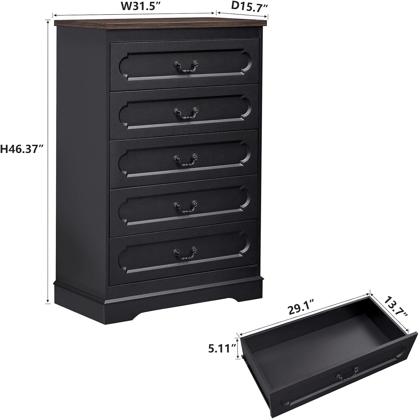 LIDYUK 5 Drawer Dresser for Bedroom Farmhouse Black Wood Chest of Drawers for Bedroom Dresser, Rustic 46" Tall Wide Drawers Dressers Wooden Closet Storage Cabinet, Hallway, Living Room