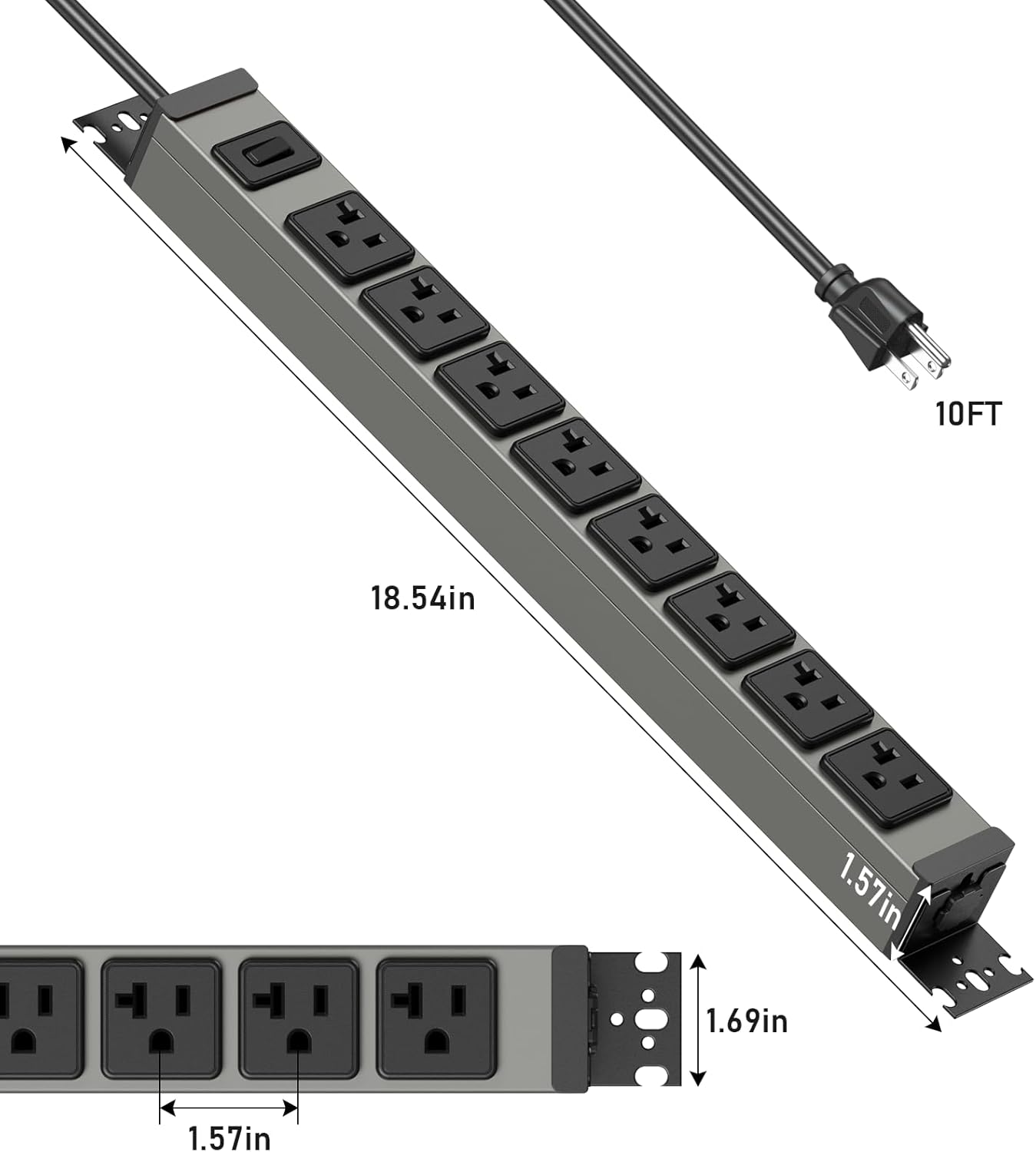 JUNNUJ Heavy Duty Power Strip Wall Mount, 20 Amp Surge Protector 1200J Metal 8 Outlet Under Desk Mounted 20A, Garage Power Bar Table Socket Industrial Outlets 6-20R T-Slot, 10FT 12AWG Extension Cord