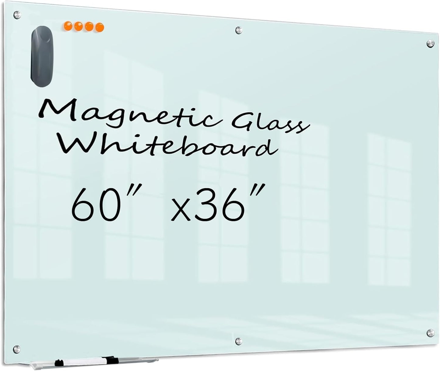 KIZZBY Glass Dry Erase Board - Magnetic Whiteboard, 60"X36" Frameless White Board Clear Glass Boards with Super Strong Magnets, Wall Mounted for Office, Classroom and Home