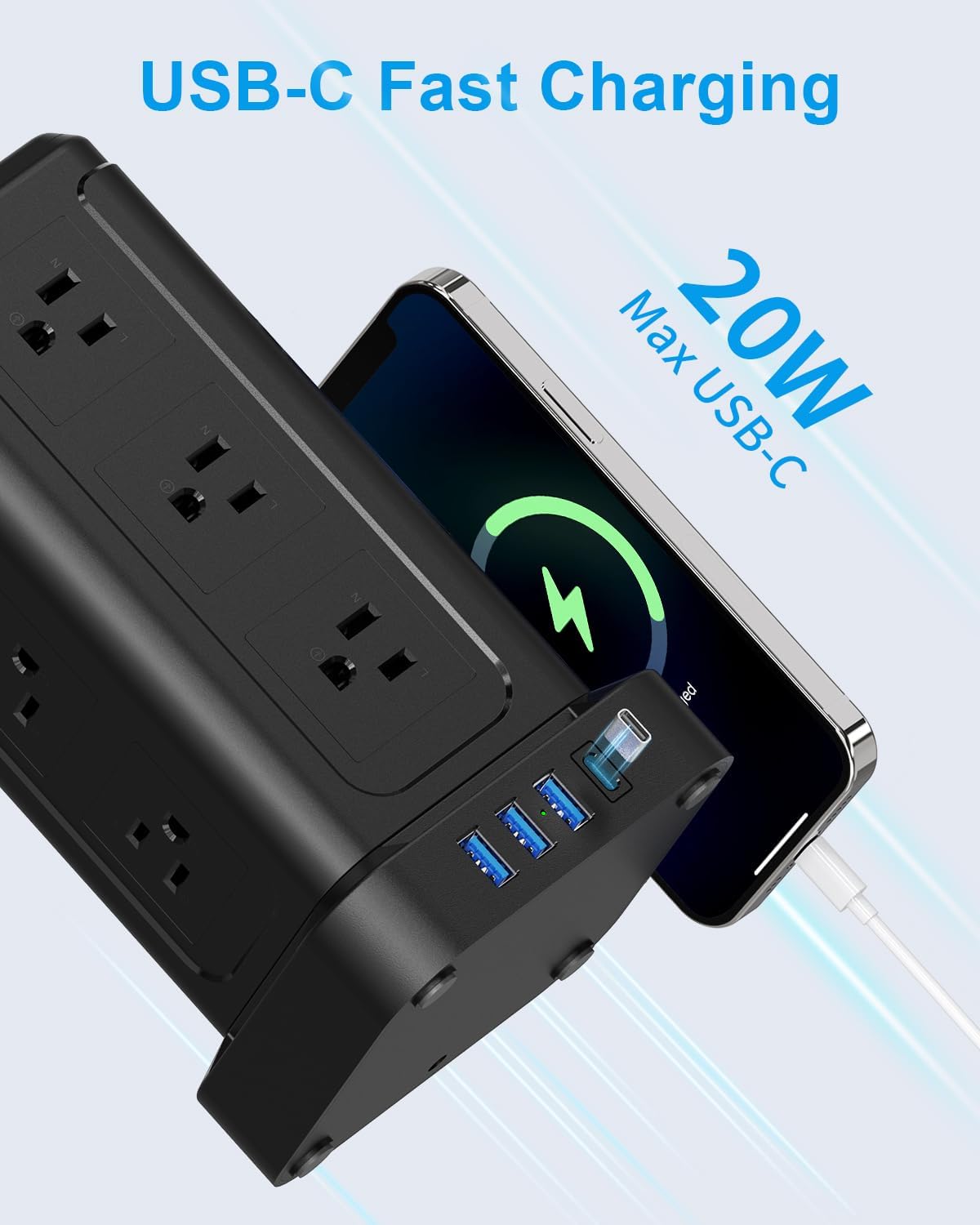 NVEESHOX Surge Protector Power Strip Tower, 10 FT Flat Plug Extension Cord with 12 AC Outlets 4 USB Ports(20W PD Type C), Charging Station with Surge Protection for Family, Office, Dorm