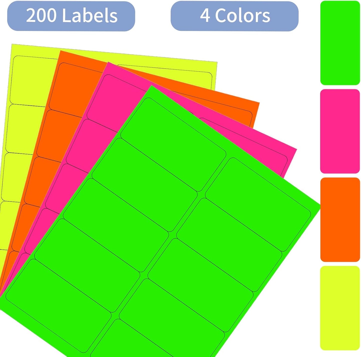 2" x 4" Neon Colored Labels Stickers Fluorescent Bright Neon Color Address Labels for Laser/Inkjet Printer, Permanent Adhesive- 600 Pcs/ 4Colors