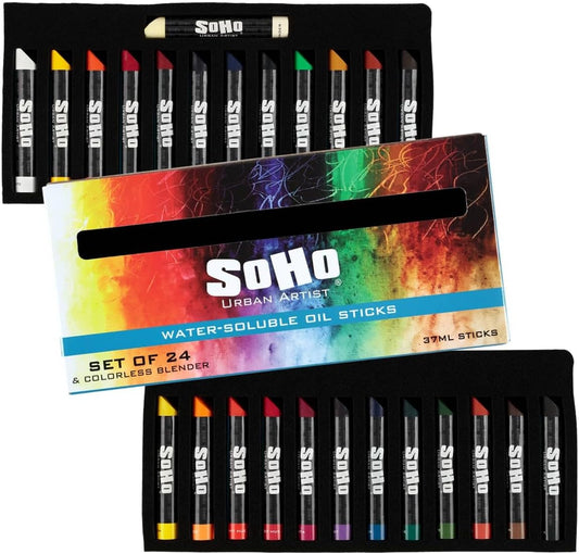 Soho Urban Artist Water Soluble Oil Sticks for Artists – Set of 24 + Blender Oil Paint Stick - 37 ml - No Brushes or Solvents Needed, Paint Any Primed Surface, Water Clean-Up, Non-Toxic, 4.8 x 0.78