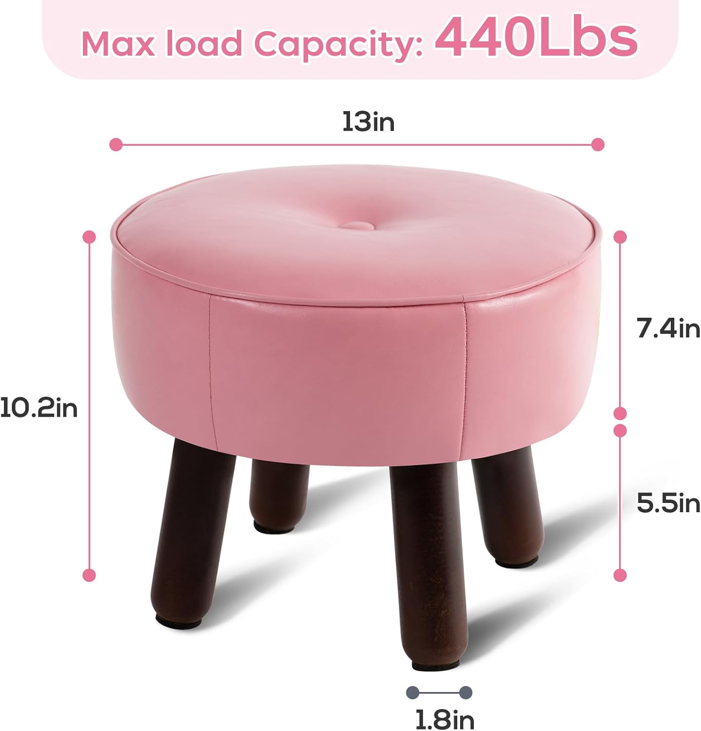 Small Foot Stool Round Pouf Ottoman, 13'' Leather Foot Rest with Non-Skid Rubber Legs, Foolstool Ottomans for Couch, Sofa Footrest Step Stool for Living Room Bedroom Entryway Office, Pink