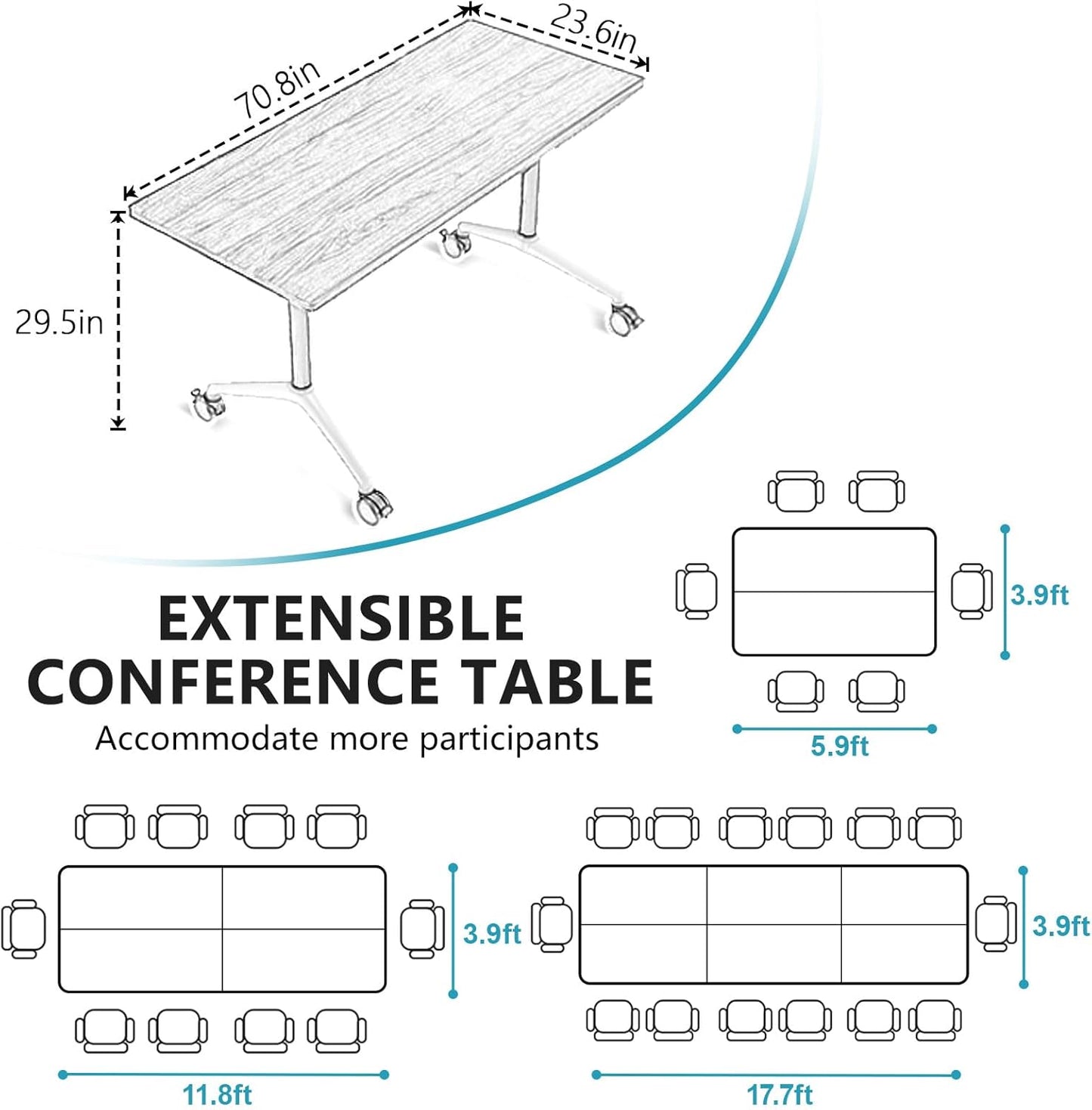Conference Room Table, Folding Conference Tables,Thicken Grey Tabletop,Flip Top Wooden Seminar Meeting Room Table for Conference Room Offices (4, BlackWoodGrain, 70.8”)