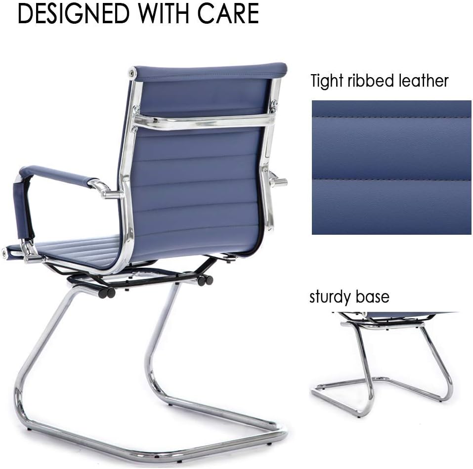 Office Desk Chair No Wheels Set of 6 PU Leather Computer Chairs Mid Back Guest Chairs for School Reception Conference Waiting Room, Navy Blue
