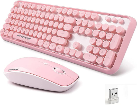 FOPETT Wireless Keyboard and Mouse Combo, 104 Keys Full-Sized 2.4 GHz Round Keycap Colorful Keyboards, USB Receiver Plug and Play, for Windows, Mac, PC, Laptop, Desktop (Pink)