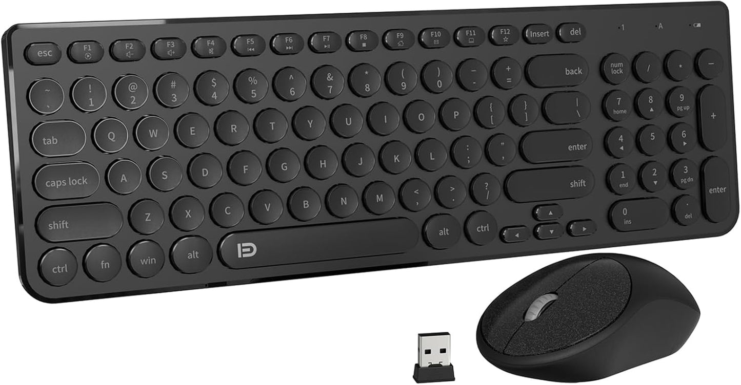 FD Wireless Keyboard and Mouse Combo - 2.4GHz USB Cordless, Cute Round Keys, Quiet and Slim Set for Laptop, Computer, TV, and Mac - Black