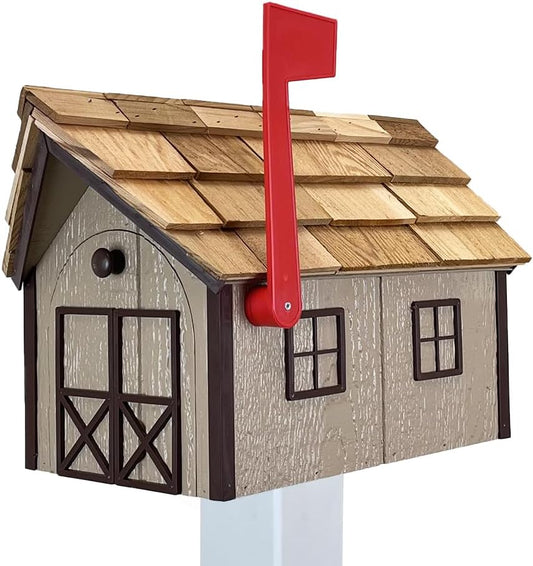 Peaceful Classics Amish Cedar Roof Wooden Mailbox with Window & Door Trim, Handcrafted Mailboxes for Outside, Post Mount Residential Mailboxes - (Clay & Brown, Wood)