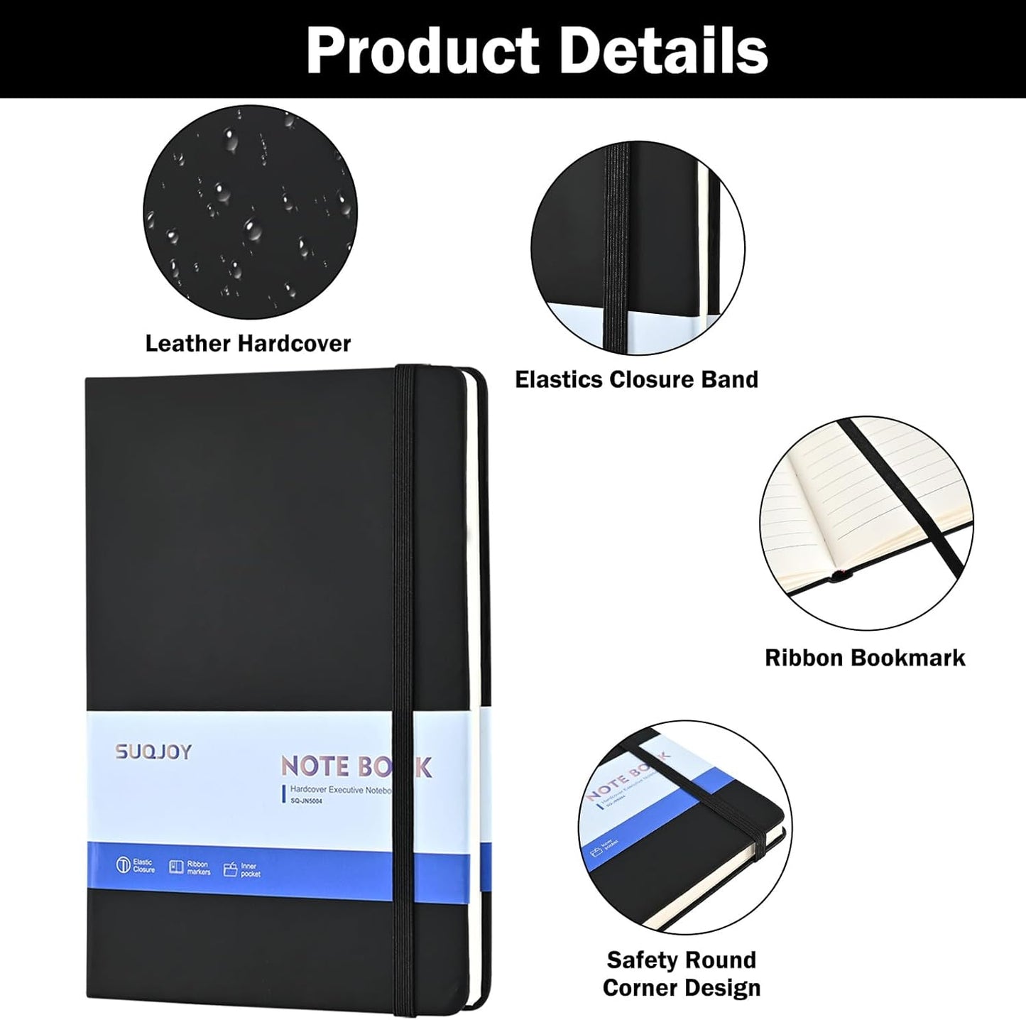 Lined Journal Notebooks, 4 Pack 160 Pages, 5.5x 8.2-Inch Journals for Women Men, Hardcover Notebook with 100 gsm Thick Paper, A5 Size College Ruled Notebook for Writing/Travel/Work (Black)