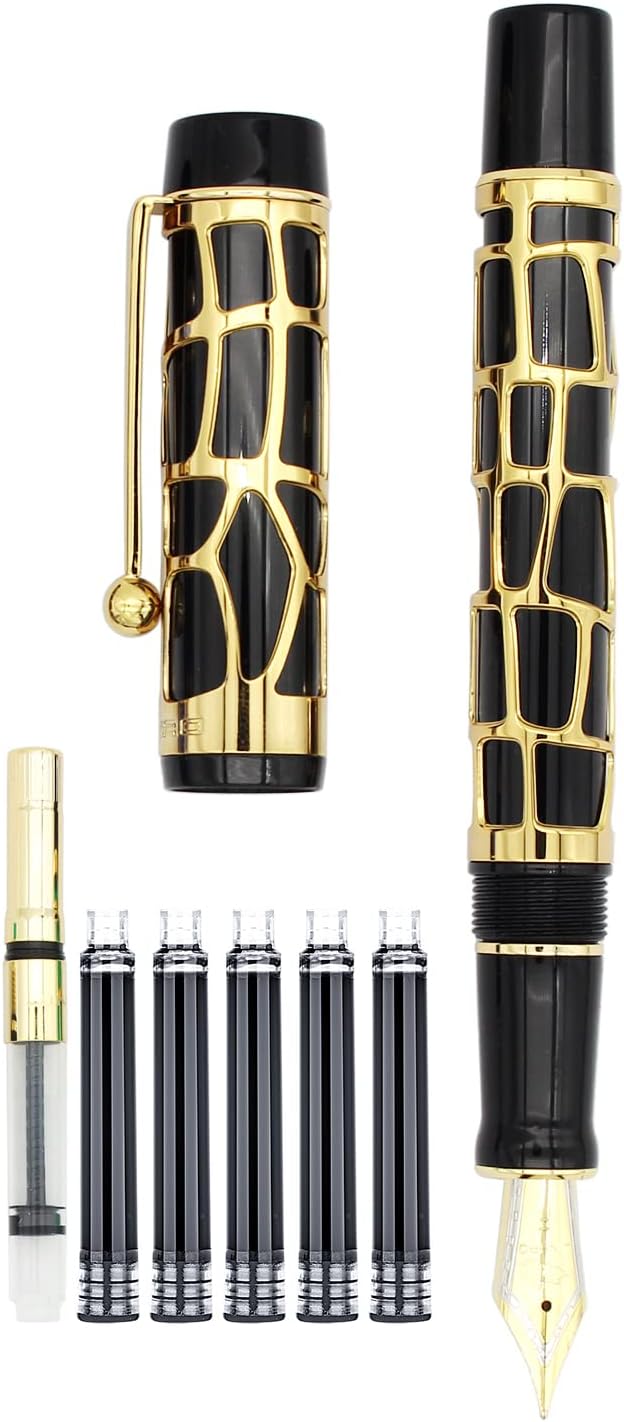 Gullor Century 100 Fountain Pen, Skeleton Hollow-out Series Golden, Screw-Cap, Fine Nib, Black