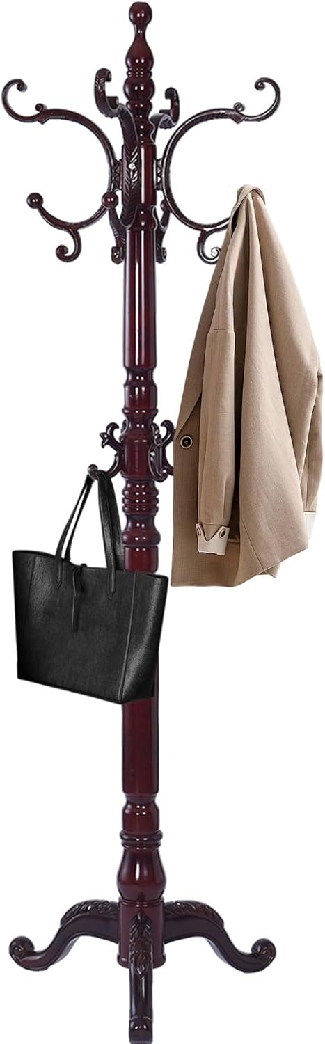 Wooden Coat Racks, Retro 78" Coat Tree with 14 Hooks & Stable Triangular Base, Entryway Coat Rack Freestanding for Hat, Clothes, Scarves, Handbags, Umbrella (Mahogany)