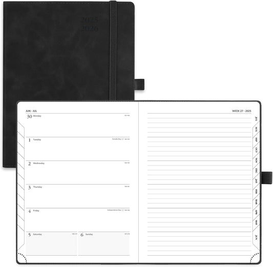 POPRUN Planner 2025-2026 Weekly Notebook (Medium 6.5''x 8.5'') Academic Calendar (JUL.25 - JUN.26) Appointment Book with Monthly Tabs, Leather Soft Cover, Inner Pocket, 100 GSM - Black