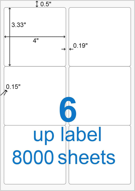 BESTEASY Sticker Labels Compatible Laser/Ink Jet Shipping Labels (8000 sheets, 6 up-3-1/3" x 4")